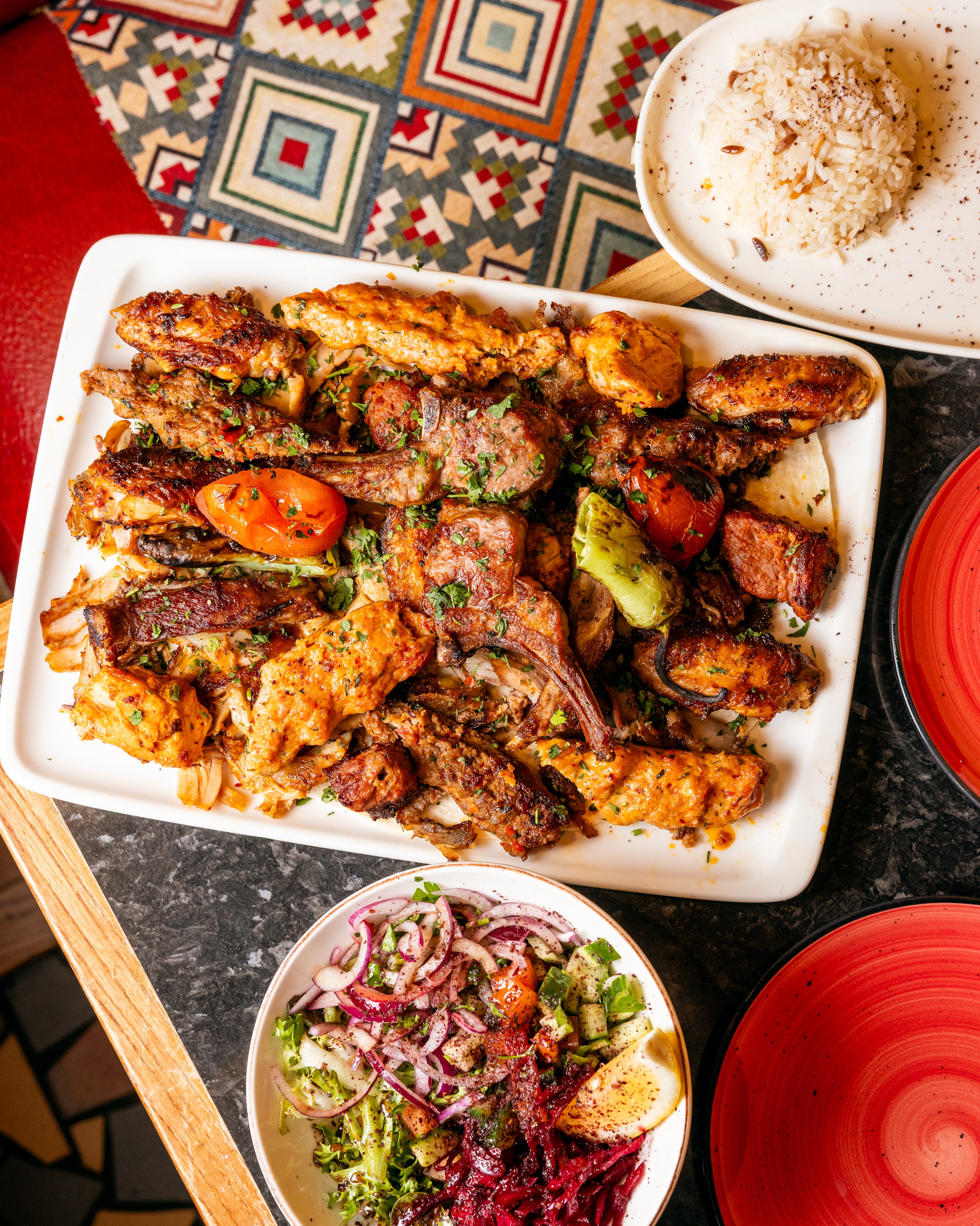 Grilled kebab plate with salad