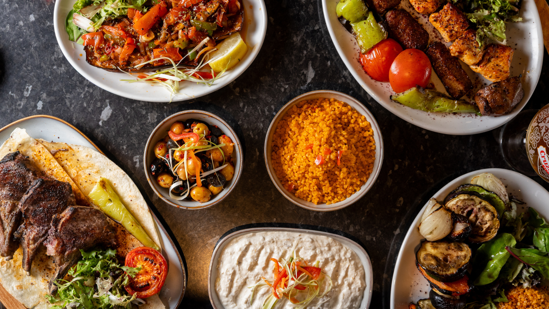Middle Eastern food feast overhead flat-lay